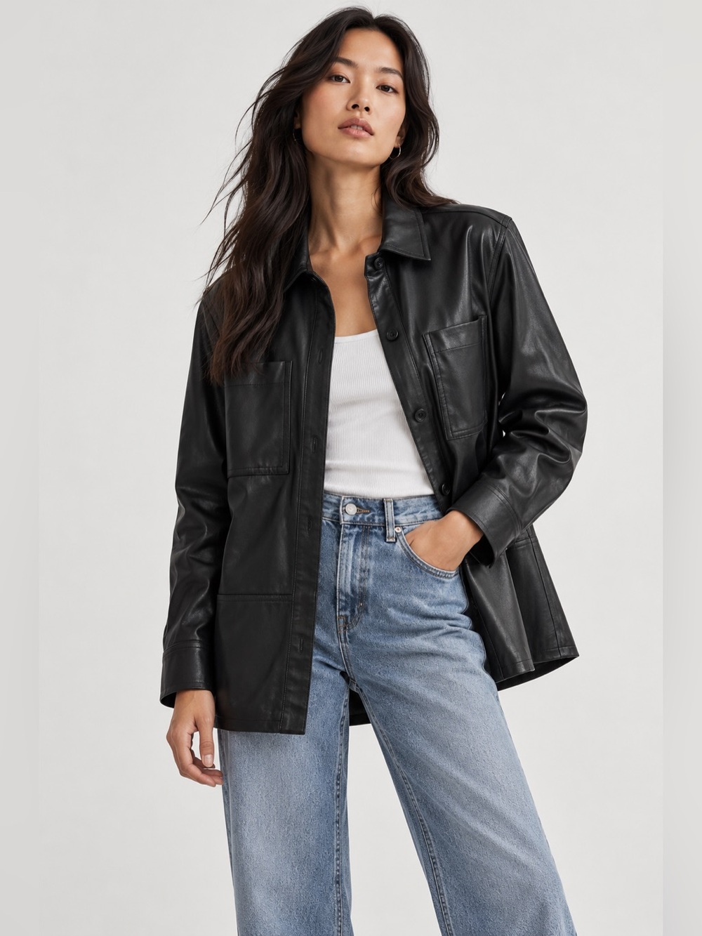 Calvin Klein Faux Leather Utility Shirt Jacket – Black – Size M